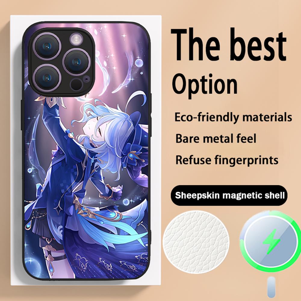 Genshin Furina game girl pattern Phone Case For iPhone 16 15 14 13 12 11 Plus Pro Max High-end Luxury Magsafe Sheepskin