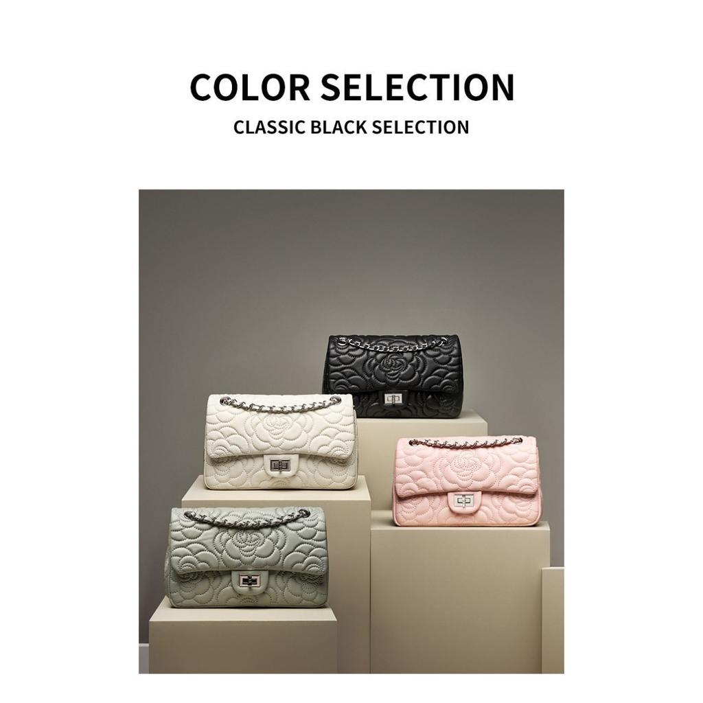 Xiaoxiangfeng Camellia Head Layer High Goatskin Leather Rhombus Women's Bag Premium Texture Chain Bag Shoulder Messenger Bag