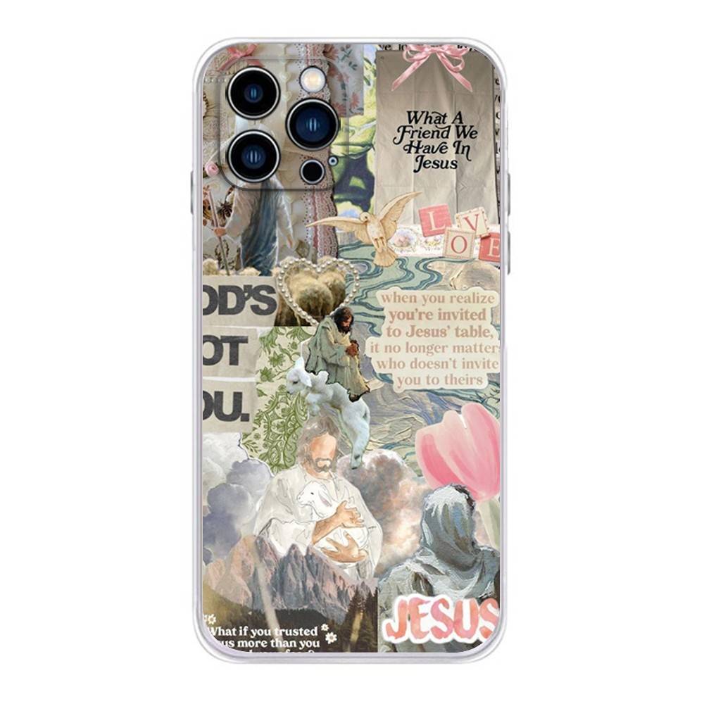 

Vintage Jesus God Slogan Floral Phone Case For iPhone 17 16,15,14,13,12,11 Plus,Pro,Max,XR,Plus,E,Mini Transparent Soft Cover iPhone14ProMax