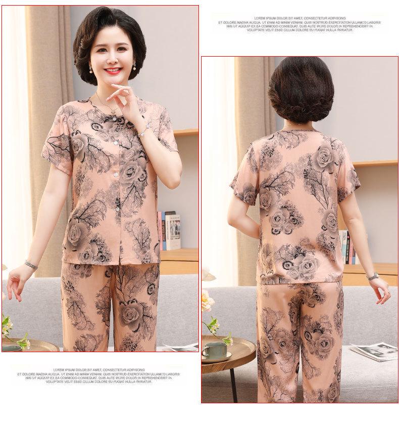 Women's Cotton Silk Short-Sleeve Pajama Set for Middle-Aged and Elderly