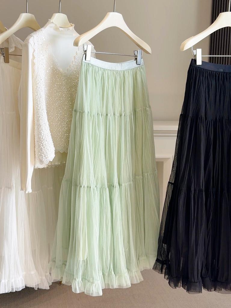 French Style High-Waist Midi Skirt: Spring A-Line Pleated Mesh Swing Skirt for Women