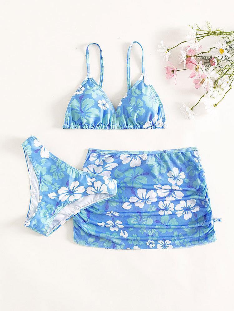 Costume da bagno a tre pezzi con stampa floreale per bambina