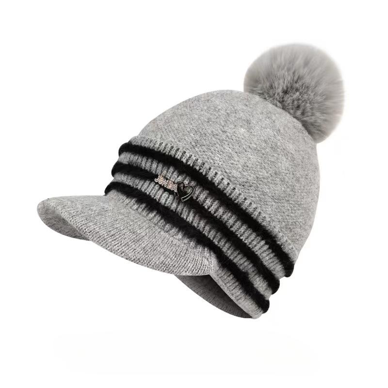 New Autumn and Winter Striped Hat Outdoor Plush Windproof Wool Hat Girl Hairball Ear Protector Knitted Cap