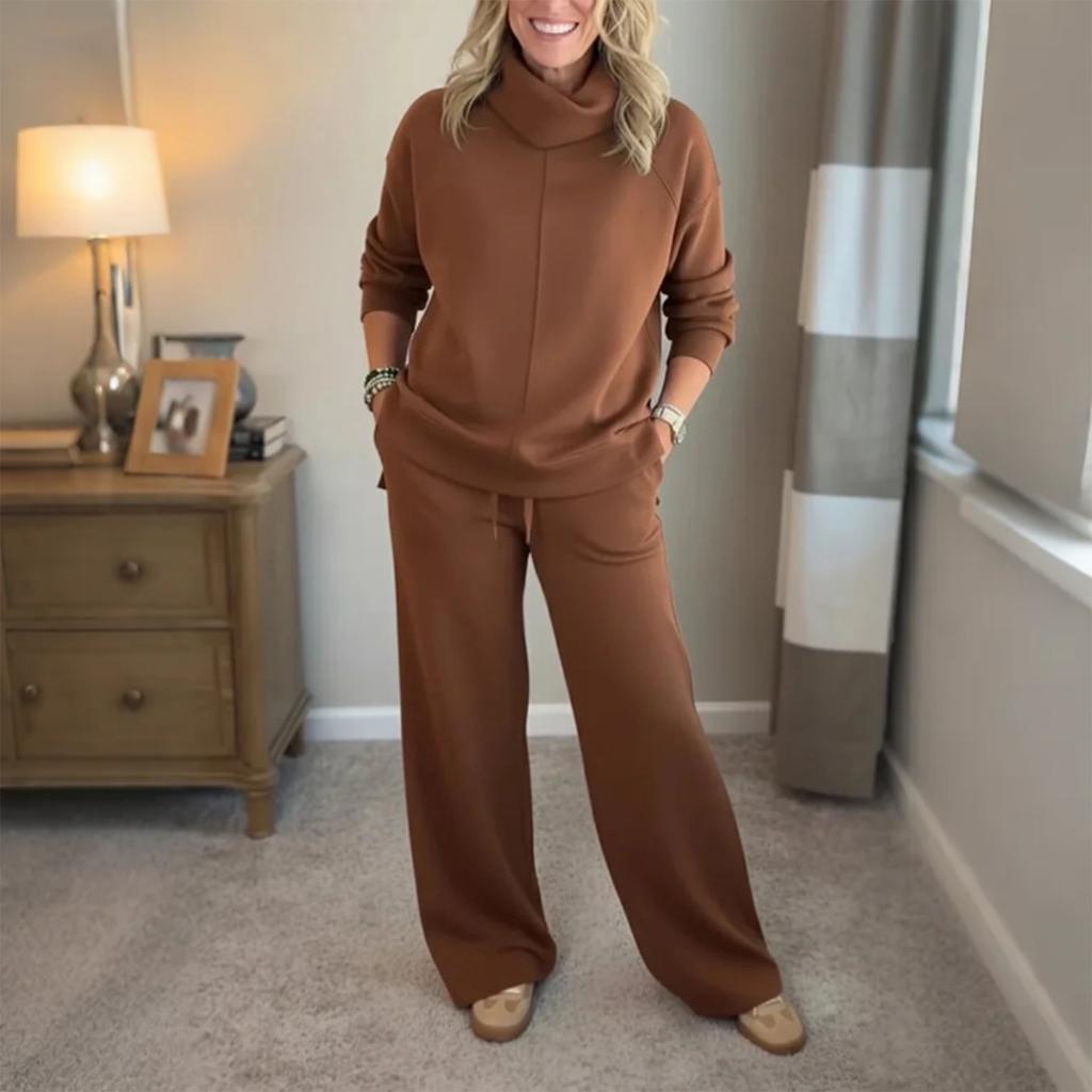 Women's Fashion Solid Color High Neck Long Sleeved Hem Slit Sweatshirt Top Casual Sweatpants Two-piece Set