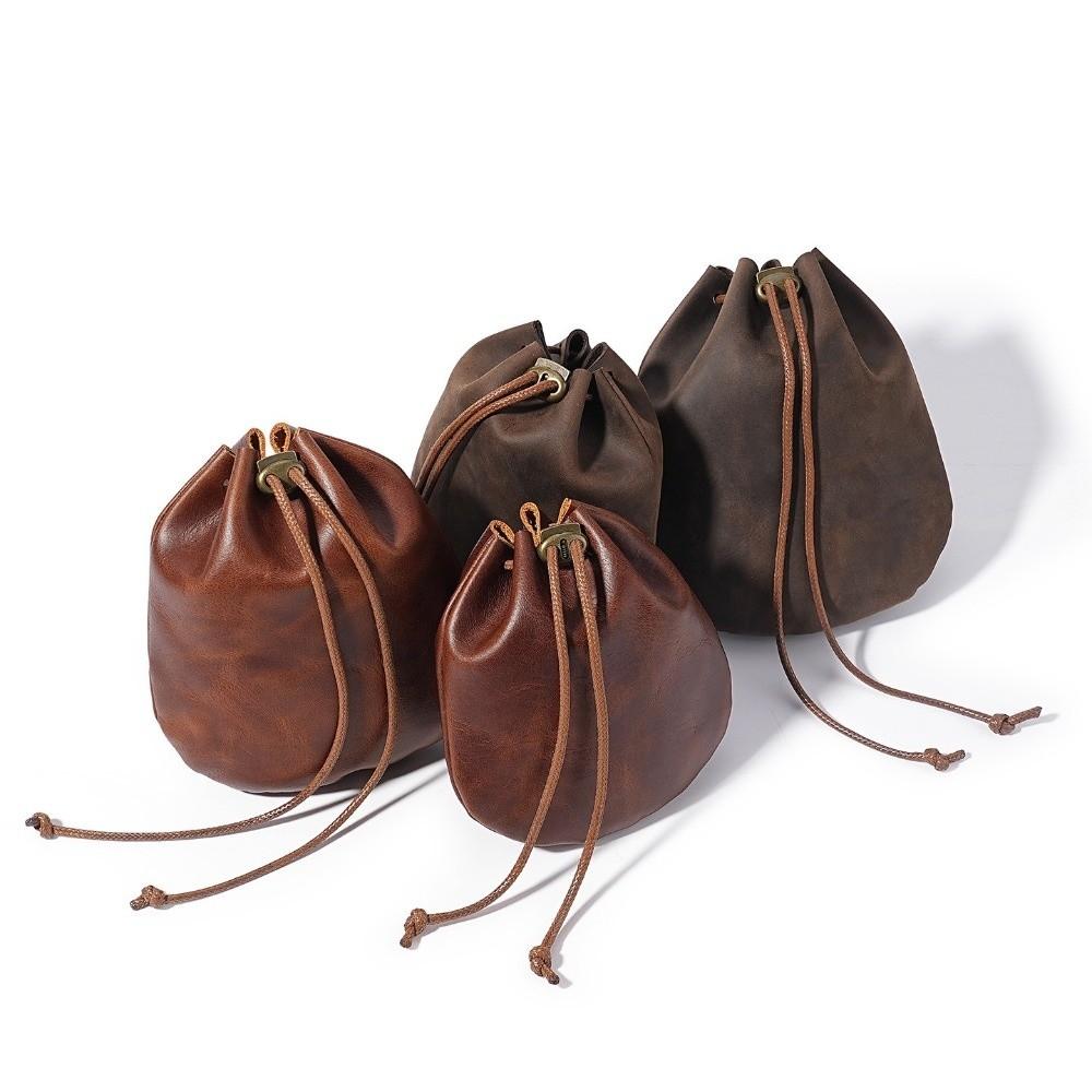 Sacchetto Portatile in Pelle con Coulisse Stile Nordico Retrò Portamonete Borsa in Vera Pelle per Conservare Gioielli Contanti Portagioielli Monete