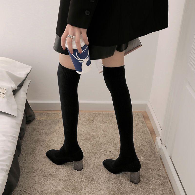 Fashion Square Toe Elastic Elegant Heeled Knitted Sock Above Over The Knee Shoes Woman Cosplay Trend 2025 Y2k Thigh High Boots for Women