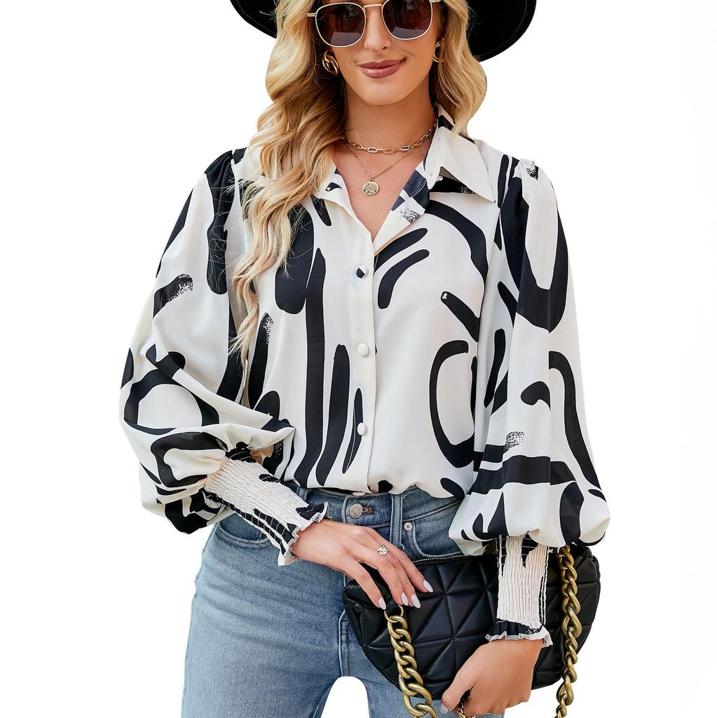 DX2018-8127 # - New Top Casual Print Bubble Shoulder Lantern Long Sleeve Shirt Women