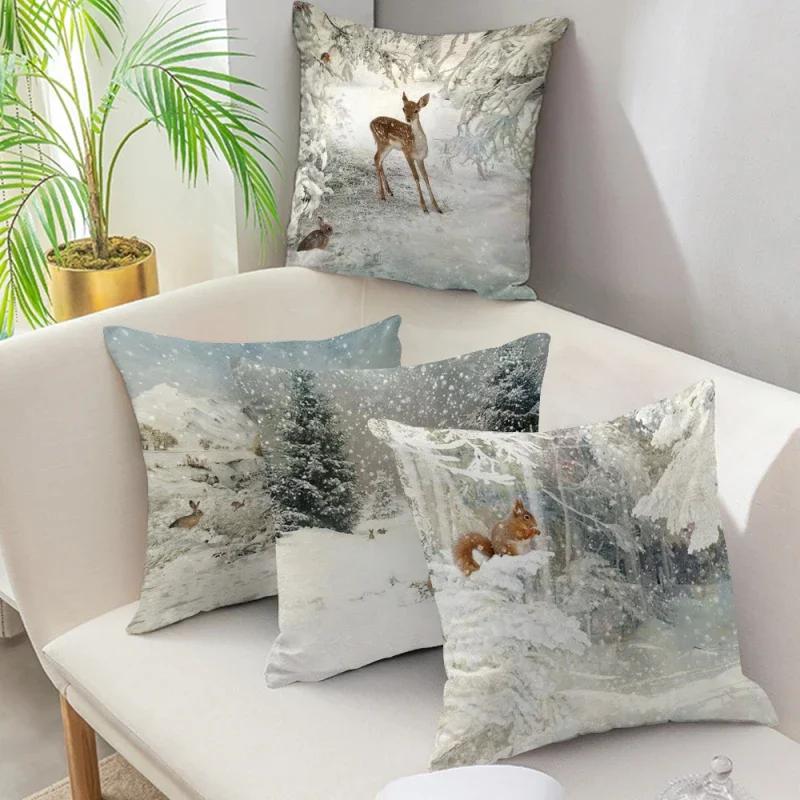 Home decoration in the snow forest elk Christmas print pillowcase bedroom living room sofa decoration pillowcase cushion cover