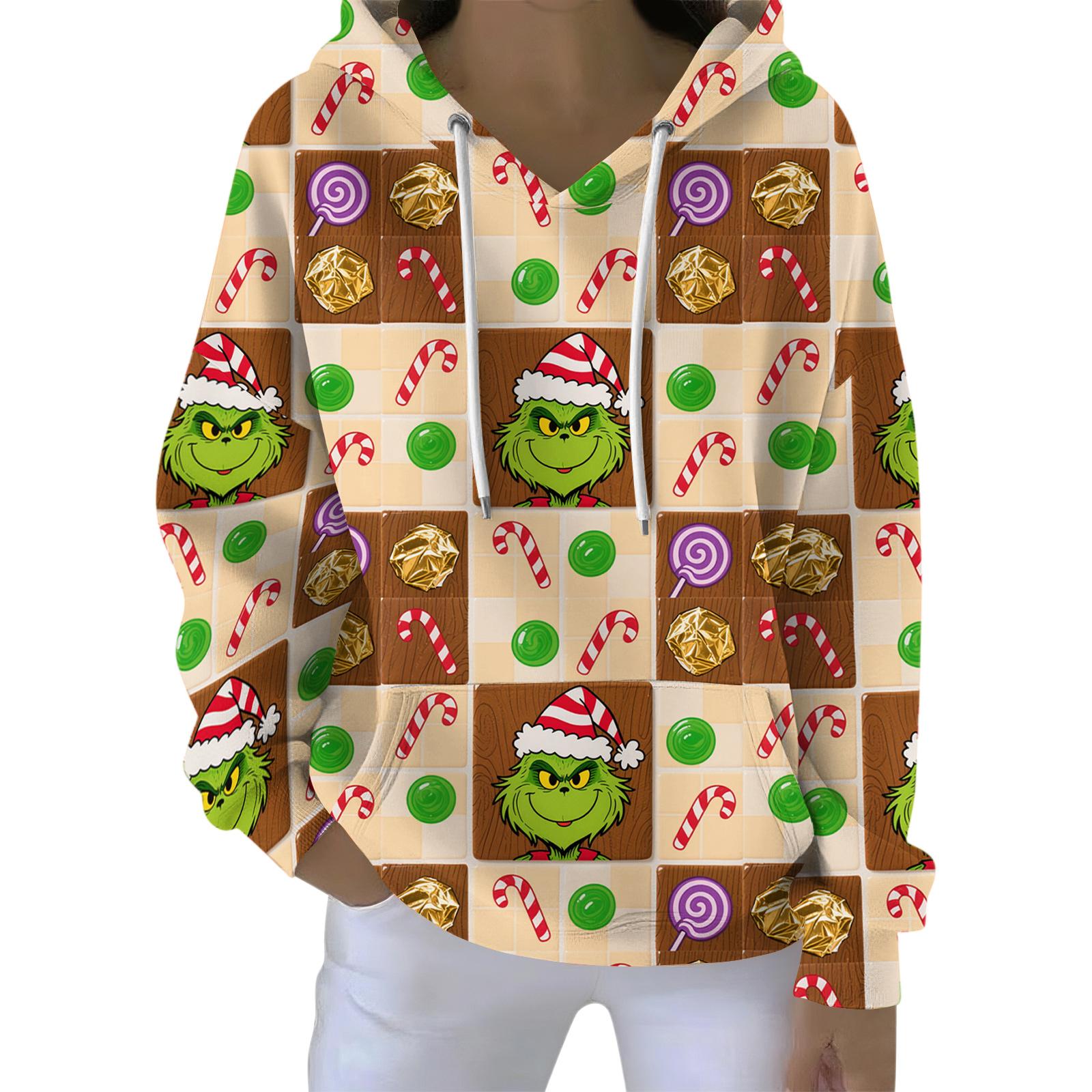 

Женский свободный и удобный свитшот с V-образным вырезом на кулиске, с длинными рукавами и рождественским принтом S