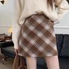 Women's 2025 Retro High-Waist Wool Blend Plaid Mini Skirt - Petite Bodycon A-Line for Autumn/Winter