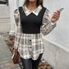 Women's Summer Short Bubble Sleeve Patchwork Button Plaid Irregular Shirt
