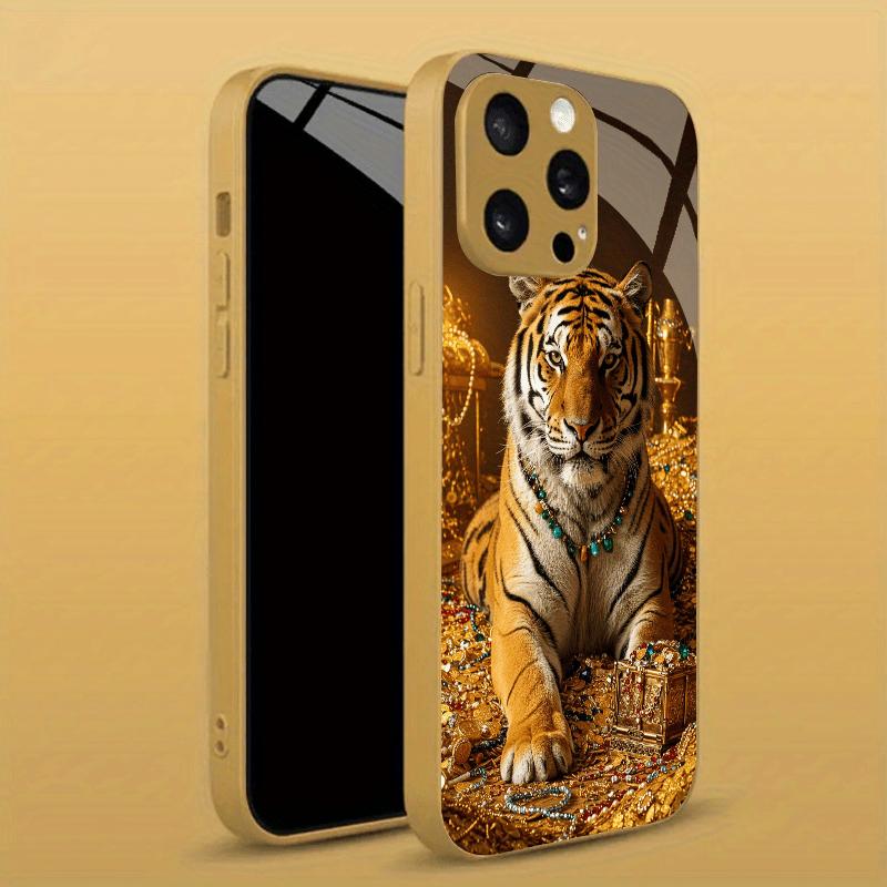 Gold Tiger Pattern Electroplated Glass Phone Case Suitable for iPhone 17 16 15 14 13 12 11 Pro/Max/Plus Shockproof Back Cover