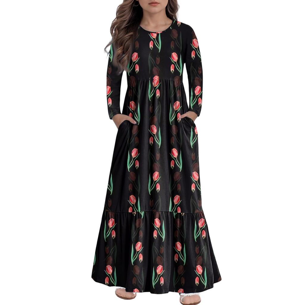 Girls' Maxi Dress Casual Holiday Dresses - Long Sleeve Dress With Pockets For 4-14Y