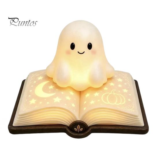 Ghost Figurine Desk Lamp Magic Book Night Light, Resin Tabletop Warm Glow with Moon Soft Yellow Light Star Relief, Cute Bedside Sleeping for