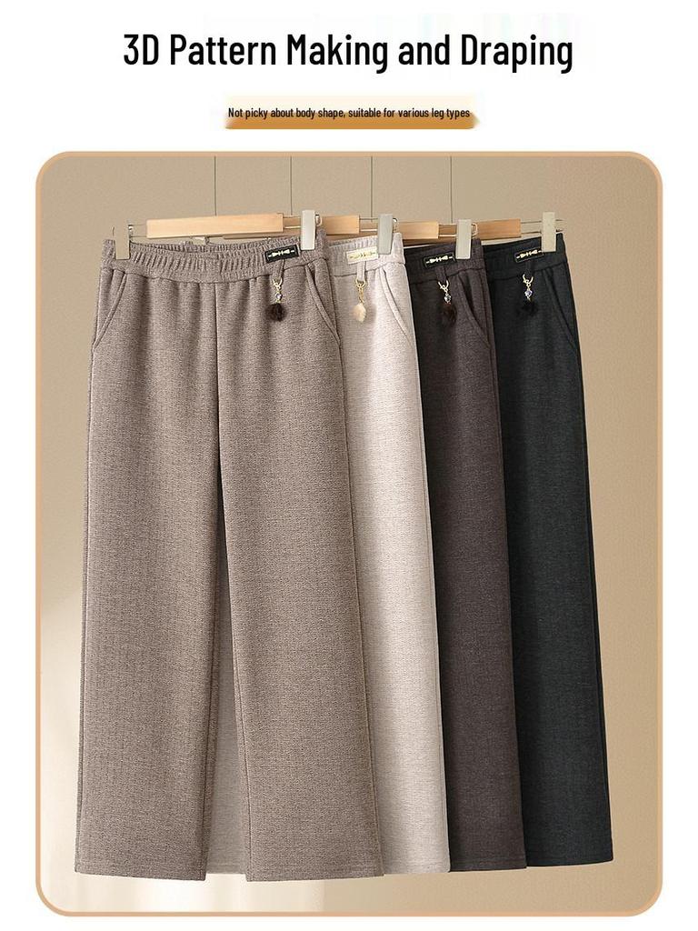 Mid-aged and Elderly Women's Fleece-Lined Straight Leg Pants - Elastic Waist, Autumn/Winter Casual Wear