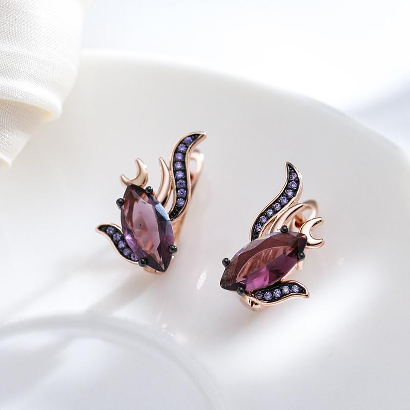 Purple Natural Zircon English Earrings For Women Unique  Rose Gold And Black Plating Vintage Wedding Jewelry
