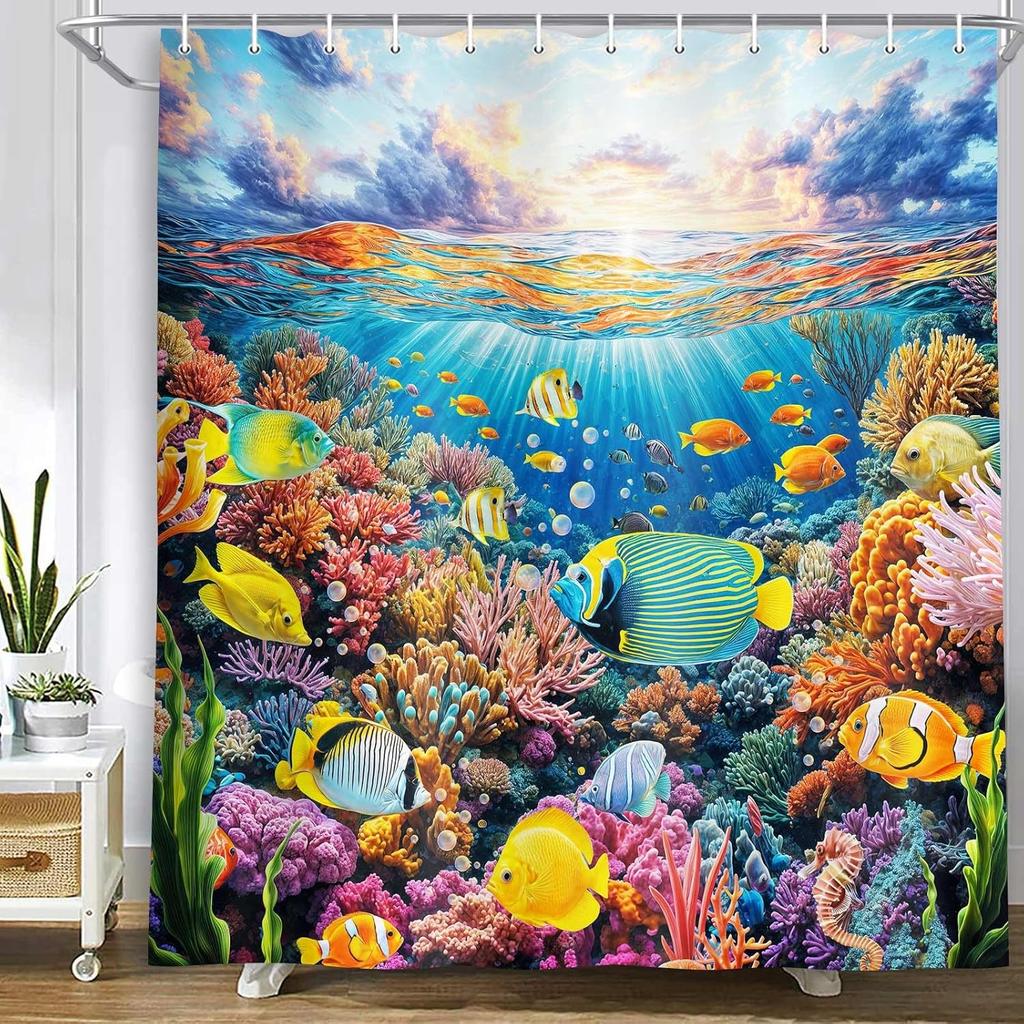 Vibrant Coral Reef and Tropical Fish Pattern Waterproof Polyester Shower Curtain Underwater Ocean Life Print Bath  with Hooks