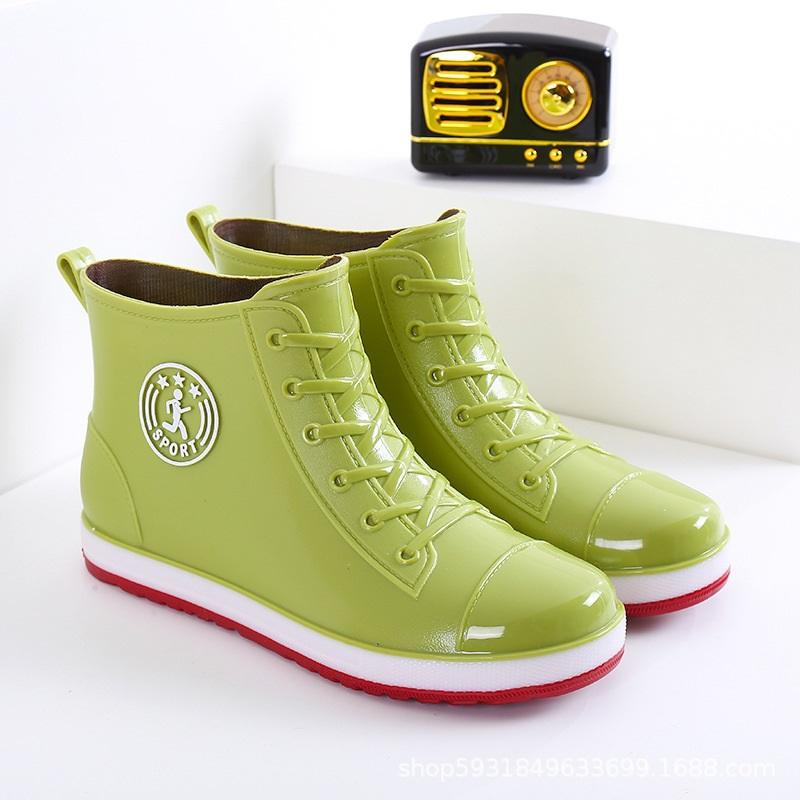 Women Ankle Rain Boots Lace Up Canvas Style Waterproof PVC Rubber Wellies Non Slip Casual Short Rain Shoes