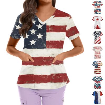 Plus Size Printed Scrub Working Uniform Tops For Women's Cross V Neck Independence Day Print Short Sleeve Fun T-Shirts Workwear Tee With Pockets