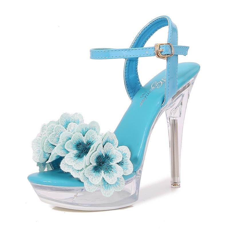 Fashion 13cm Crystal Stiletto Heel Sandals for Women Runway Catwalk Sexy Flower Embellished Transparent Platform High Heels