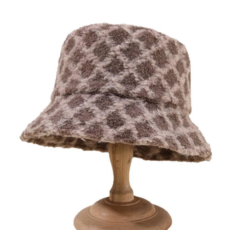 Winter Lady Bucket Hat With Plaid Pattern And Warm Fleece For Outdoor Casual Wear
