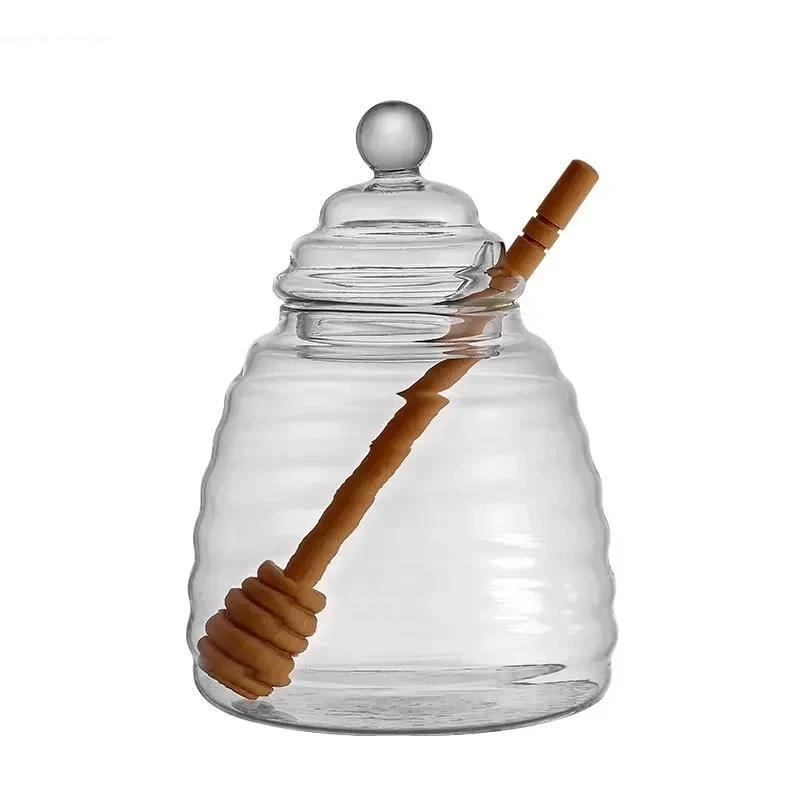 Glass Honey Jar with Lid Transparent Jam Striped Bottle Home Kitchen Storage Container Mixing Rod