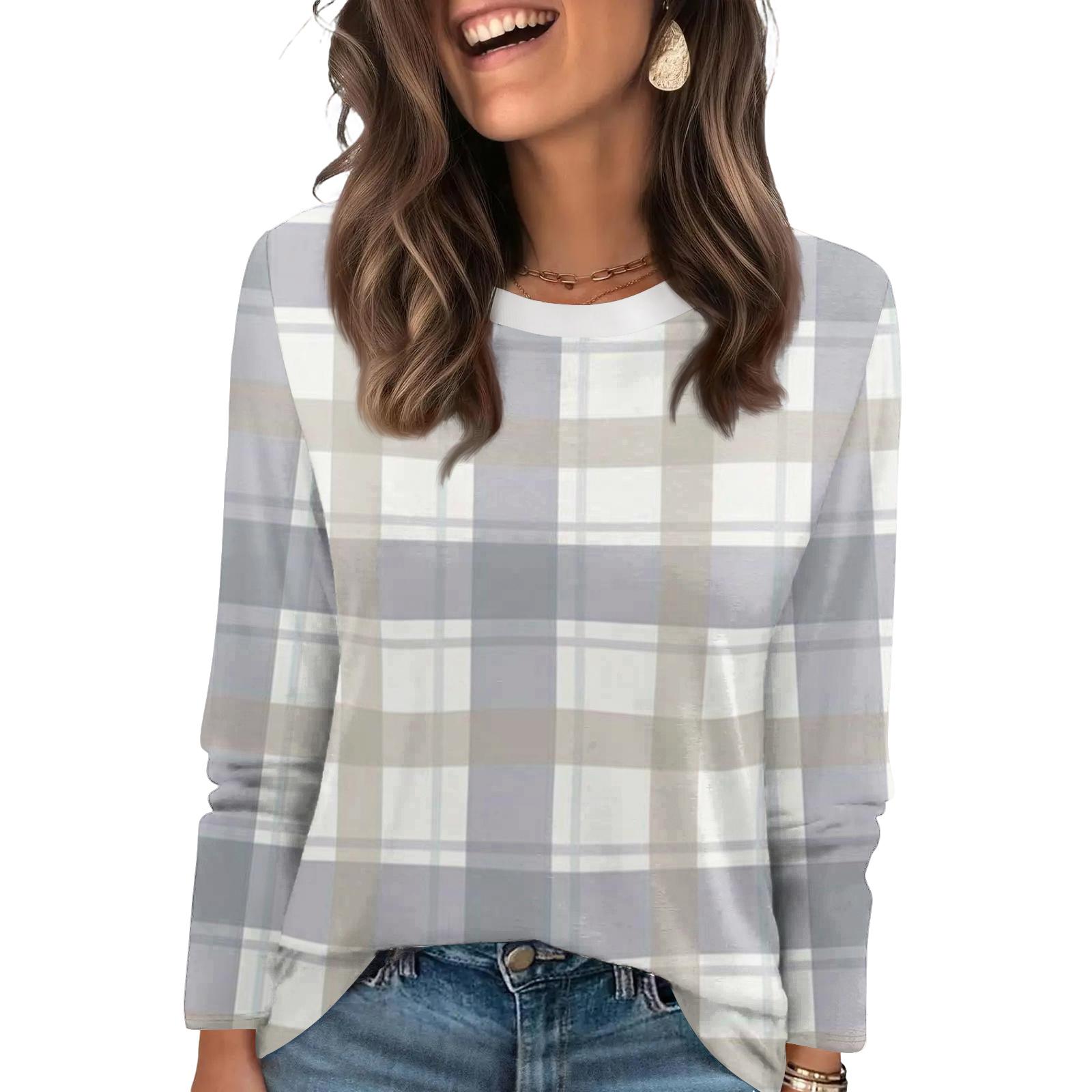 

Ladies Plaid Printed Fashionable Casual Round Neck Long Sleeved Round Neck Top XL білий