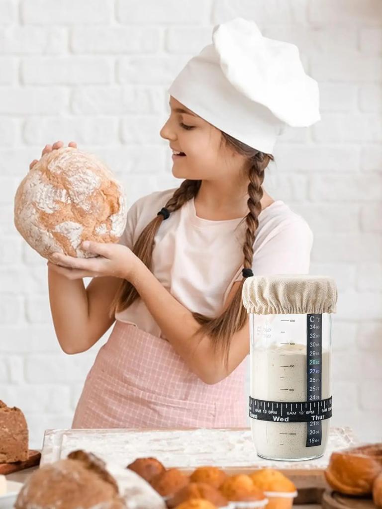 24oz Sourdough Starter Jar with Date-marked Feeding Band, Thermometer, Cloth Cover & Metal Lid. Ideal for Sourdough Bread Baking