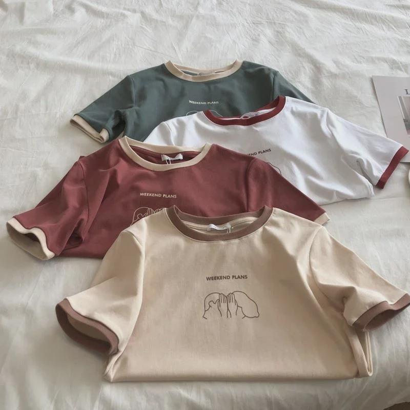 Women's Summer Color-Blocked Loose Fit Short-Sleeve T-Shirts, Casual Korean Style for Students and Couples
