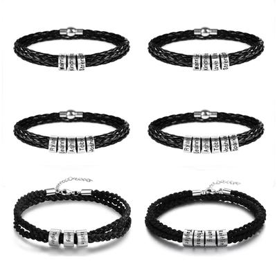 Bracelet Personnalisé Lemegeton pour Homme 1-7 Noms Perles Gravées Bracelets en Cuir Tressé au Poignet Bijoux Personnalisés Amitié Famille