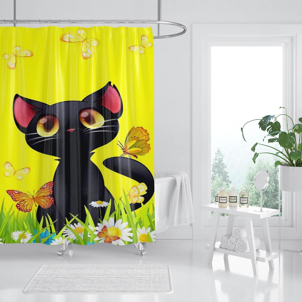 Three Funny Naughty Black Cat Shower Curtain Scratching The Wall with His Paws Fabric Bathroom Decor Set Hooks White and Black