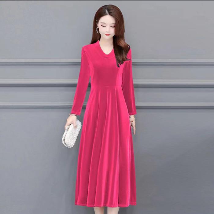 Samt Vintage Damen Maxi Kleid OL Stil Übergröße Rundhalsausschnitt Lange Ärmel Abendkleid Slim Fit Plissiertes Bodycon Ballkleid