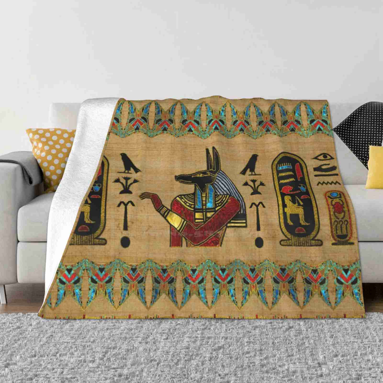 Египетский орнамент Анубис на папирусе Четыре сезона Удобное Теплое Мягкое Одеяло Анубис Египетский Фараон Папирус Золотой Древний 30x40in