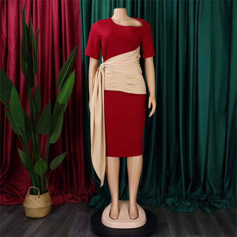 Pleated Strap Clothing Summer Short Color Matching Large Size Women's Sleeve Diagonal Collar Sheath Dress