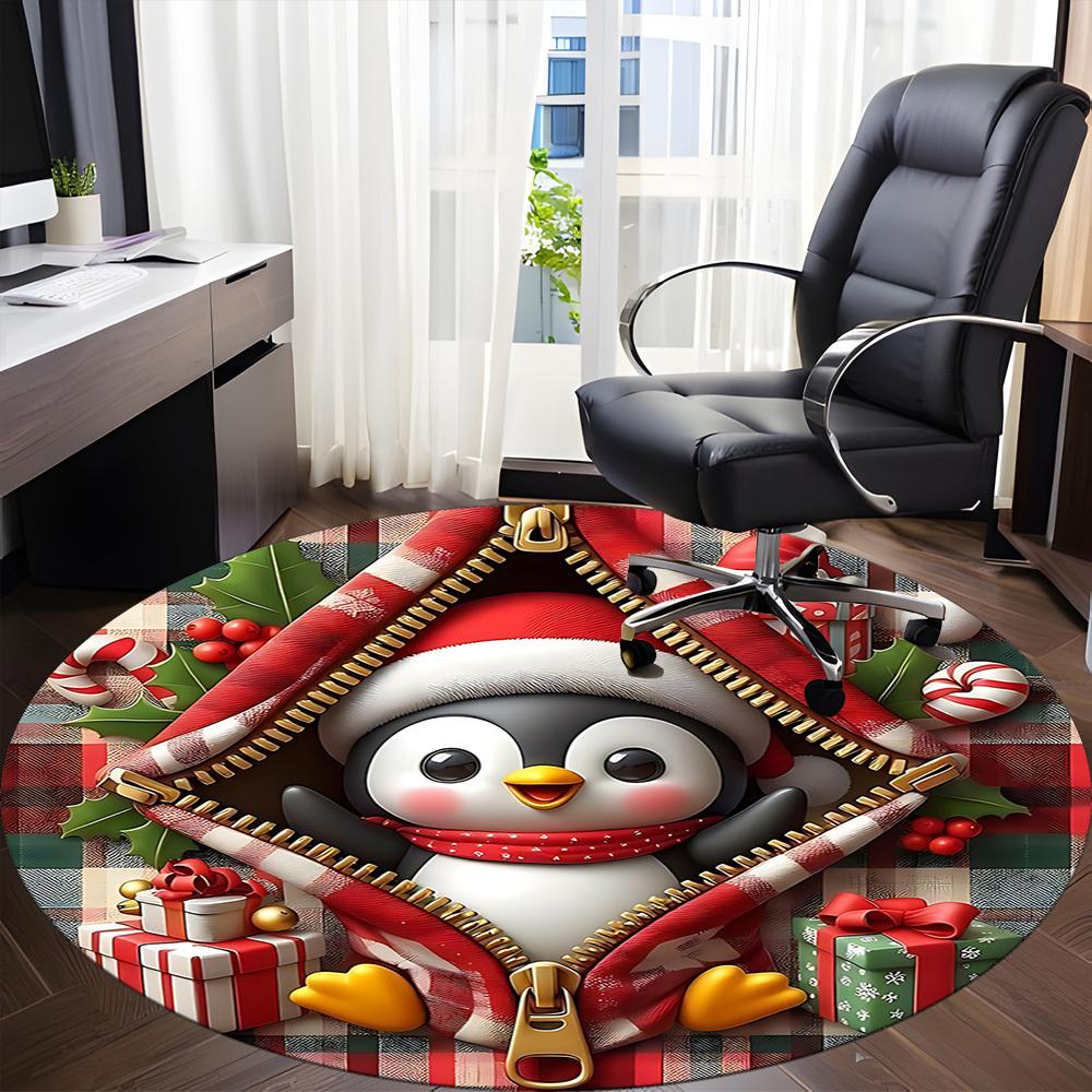 1PC Penguin Christmas Office Round Area Rug, Mat Suitable For Office, Under Office Chairs Bedroom Living Room Home Decor, Room Deco