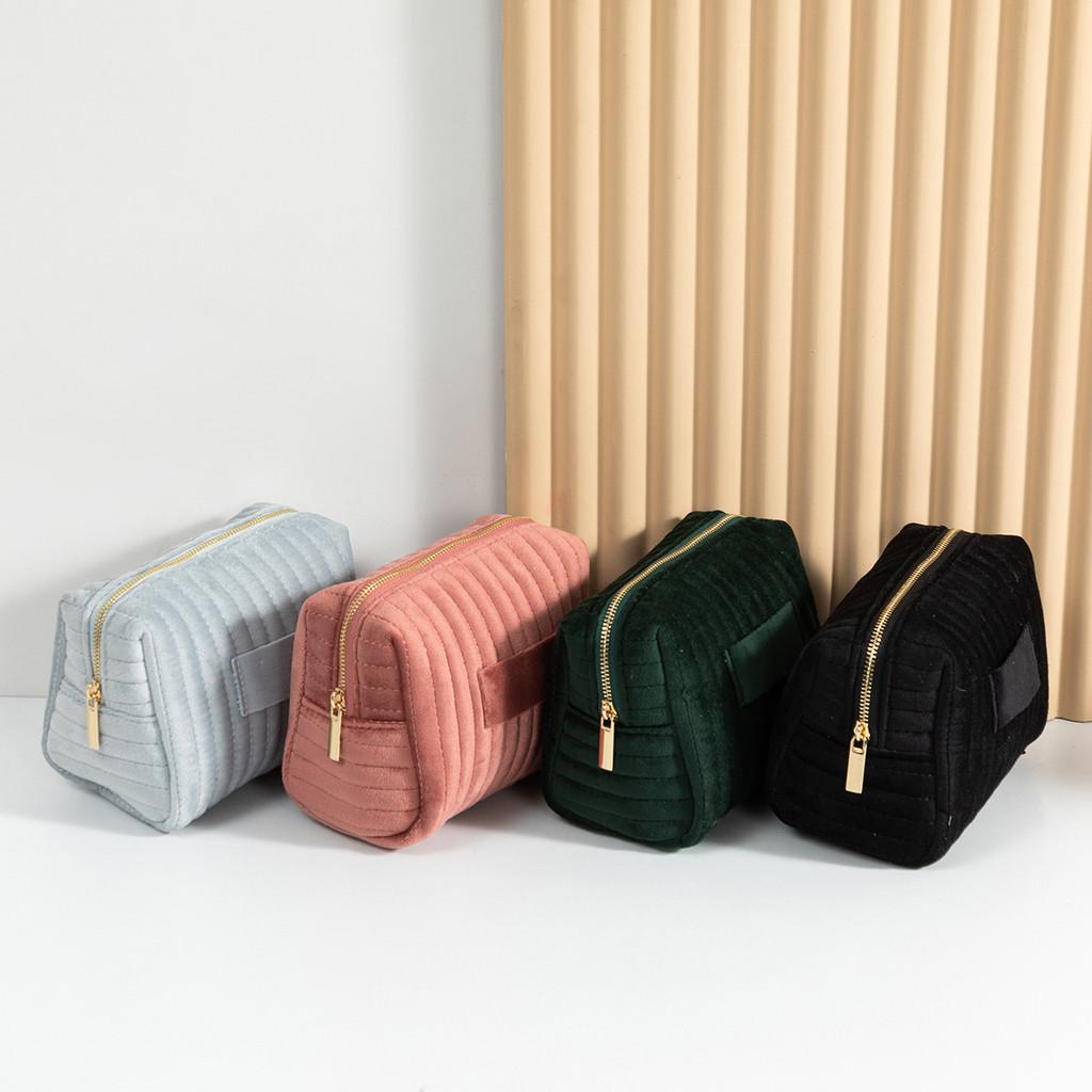 Velvet Makeup Bag With Striped Quilted Design For Women Portable Organizer
