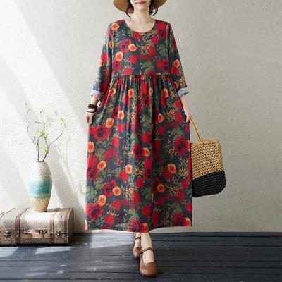 Autumn Literary Plus Size Loose Cotton Linen Printed Round Neck Long Sleeved Loose Casual Dress for Women Dresses