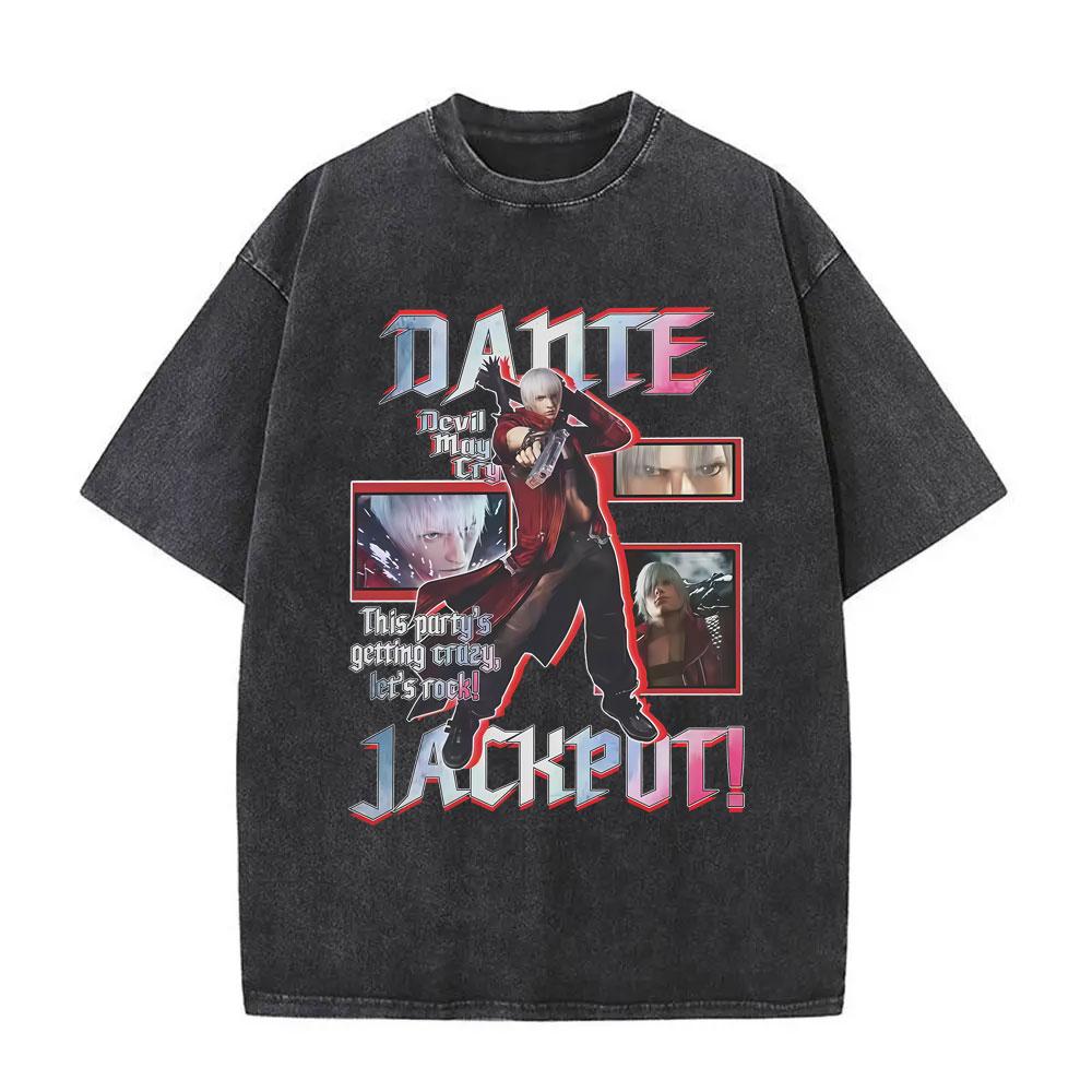 Game Devil May Cry Dante Retro Washed T Shirt Men Women Vintage Gothic Oversized Tshirt Mens Casual Cotton Tshirts Streetwear