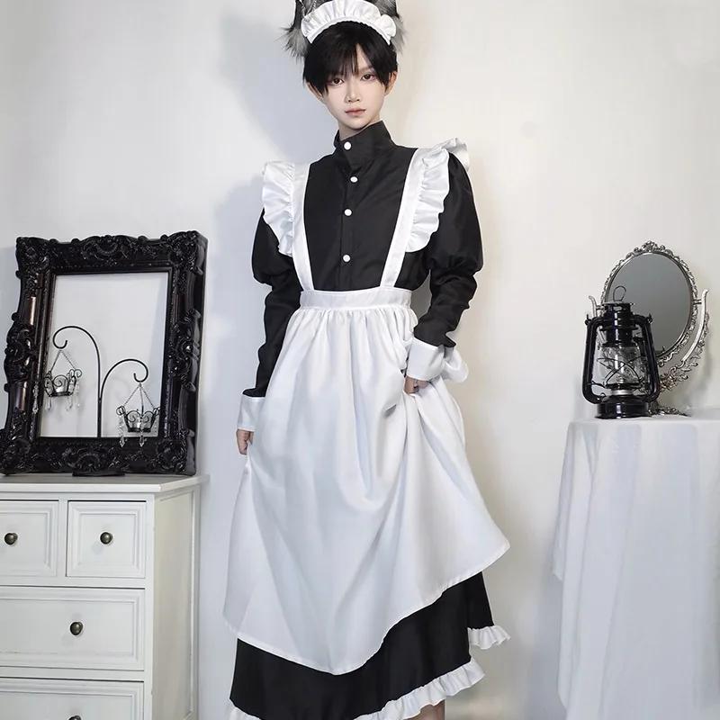 Tenue de Maid Style Japonais Noir Blanc Longue Robe Lolita Unisexe Hommes Femmes Costume d'Halloween Uniforme Ensemble Complet Adultes Grande Taille 2XL white