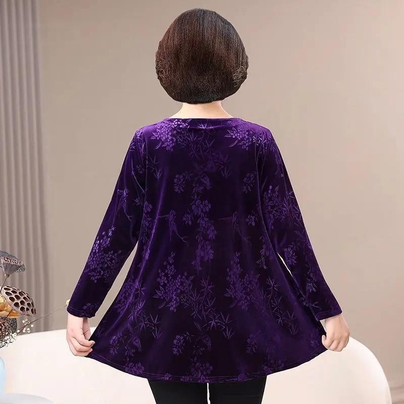 Large Size Gold Velvet Spring and Autumn T-shirt Long-sleeved Middle-aged and Elderly Women's Plus Fat