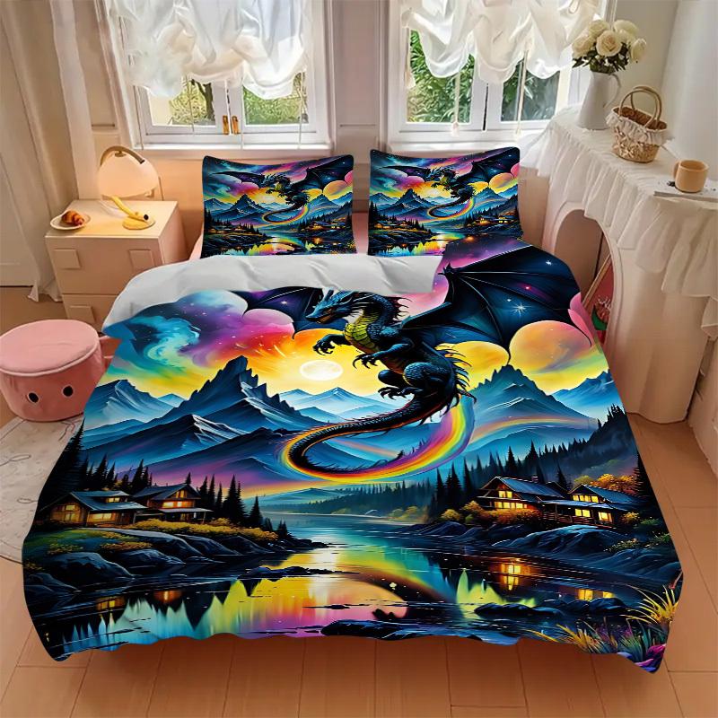 3pcs bedding set Dragon Fantasy Includes 1 Comforter + 2 Pillowcases, Without Pillow Inserts, Soft Comfortable, Lightweight Breathable, Prin