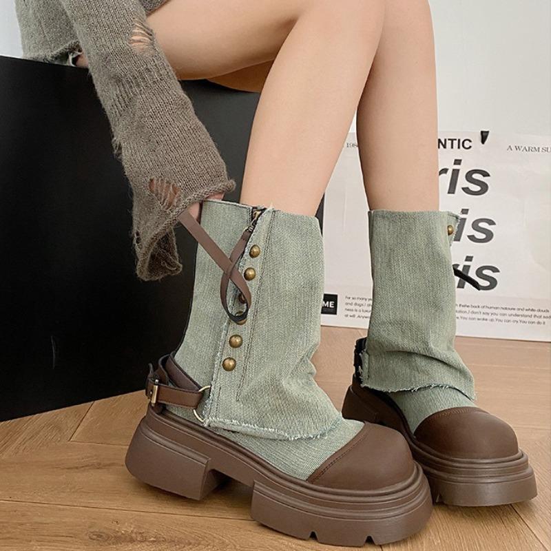 Women's Boots 2025 New Mid Calf Boots for Women Fashion Platform Boot Breathable Canvas Cowboy Boots for Women Motorcycle Botas