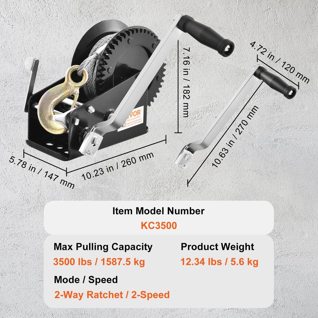 Hand Winch, 3500 lbs Pulling Capacity, Boat Trailer Winch Heavy Duty Rope Crank with 33 ft Steel Wire Cable and Two-Way Ratchet, Manual Operated Hand