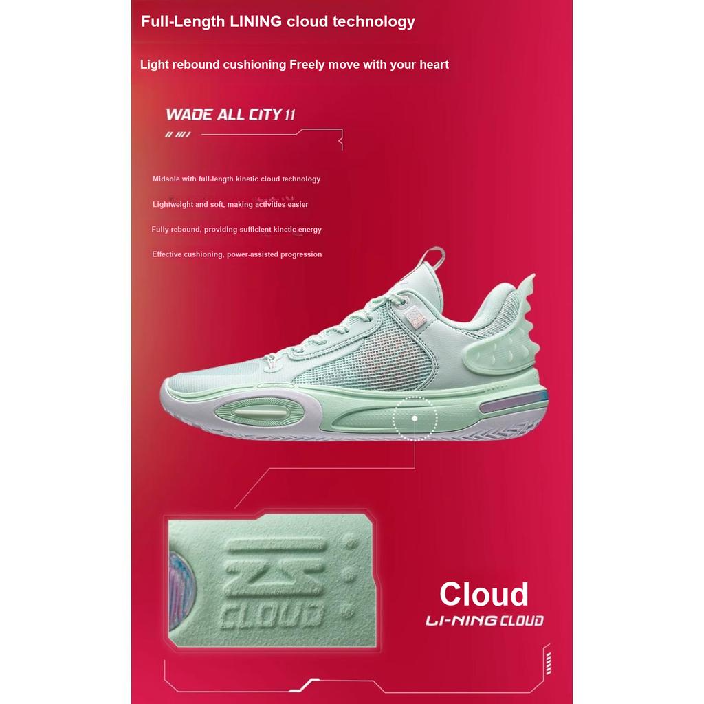 Li Ning All City 11 Youth Version Non-Slip Wear-Resistant Breathable Low-Top Basketball Shoes Kids Sneakers Soft-Water-Blue ABPT005-4