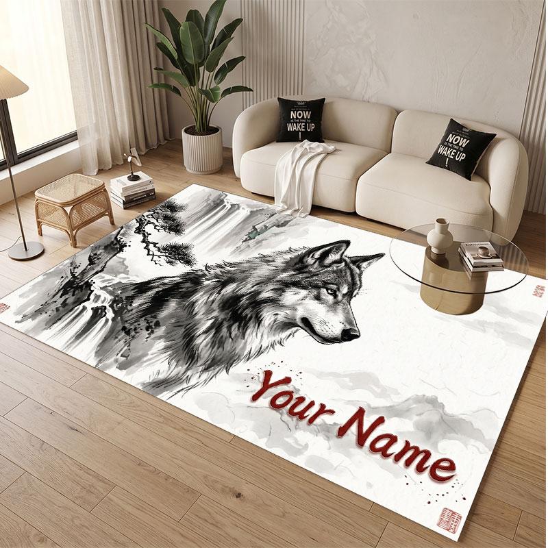 Wolf Theme Soft Crystal Velvet Rug Custom Name & Text Print Non Slip Floor Rug for Bedroom Living Room