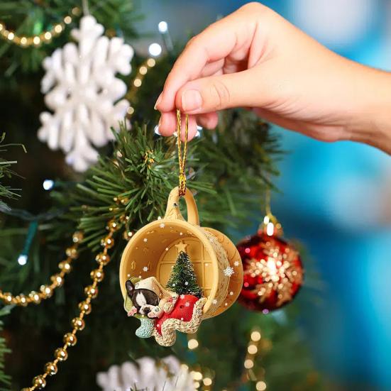 Yousheng Animals Sleeping In A Tiny Cup Christmas Ornament Acrylic 2D Dog/Ferret/Sheep Christmas Tree Hanging Ornament for Holiday Decor