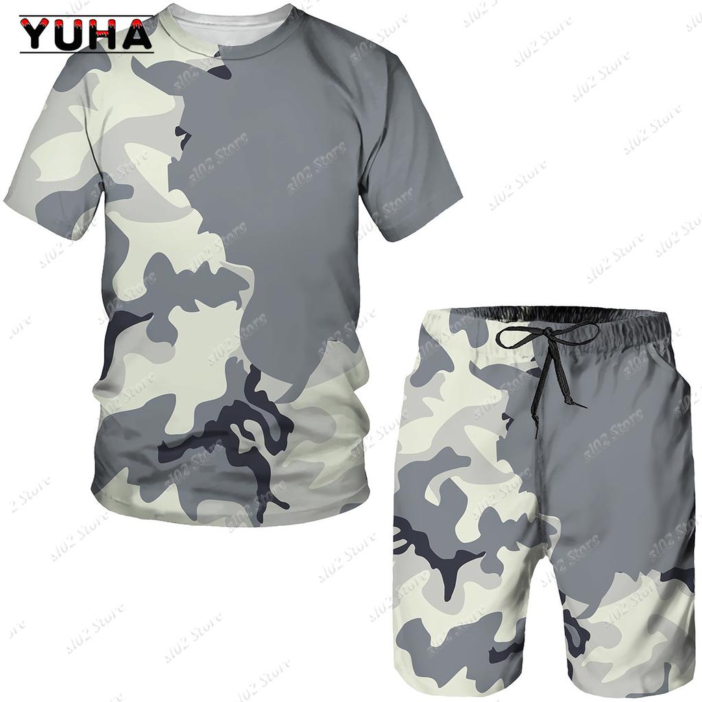 YUHA 2022 Summer Camouflage Tees/Shorts/Suits Men's T Shirt Shorts Tracksuit Sport Style Outdoor Camping Hunting Casual Mens Clo