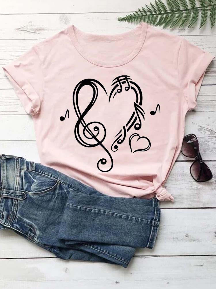 Fashion Women T Shirt Musical Note Printed T Shirt Casual Black Tops 90s Ladies Girls Tee Shirt Female Harajuku Graphic T-shirt