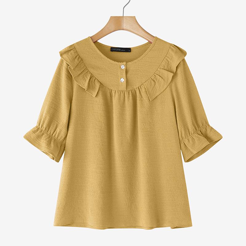 

ZANZEA Женская повседневная блузка с круглым вырезом, однотонная, свободного кроя, с рукавом до локтя 4XL хаки