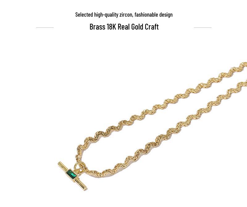 18K Gold Plated Korean Retro Curved Chain Necklace with Emerald Zircon for Women (Autumn/Winter)